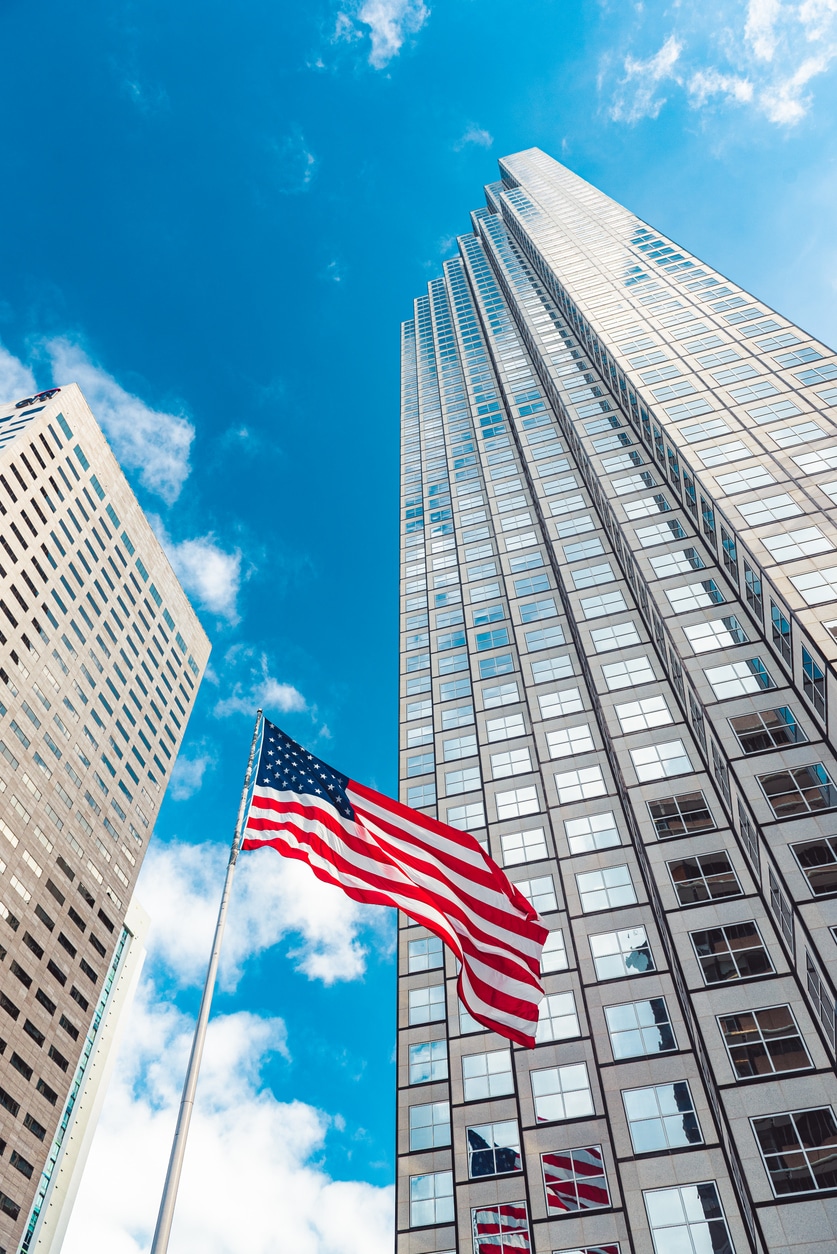 Stars and Stripes in Front of Skyscrapers in Miami, Florida, at SE 2nd Street crossing Biscayne Boulevard