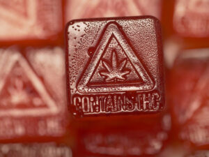A close-up of a red cannabis gummy with a THC warning.