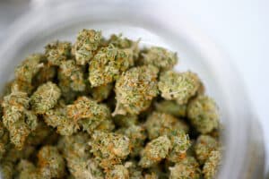 Marijuana buds in a bowl, medical or recreative, copy space